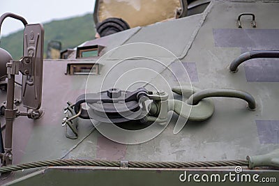 Hook and pulley of BTR 3E1 8Ã—8-wheeled armored personnel carrier in jungle camouflage Stock Photo